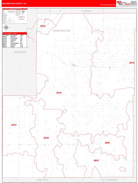 Washington County Co Zip Code Wall Map Red Line Style By Marketmaps