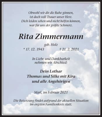 Traueranzeigen Von Rita Zimmermann Sich Erinnern De