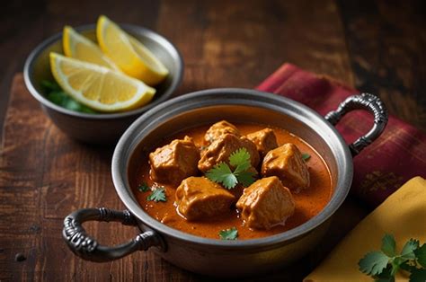 Traditional Indian Butter Chicken Curry And Lemon Served Iron Premium