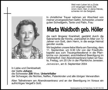 Traueranzeigen Von Marta Waldboth Trauer Bz