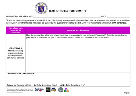 Teacher Reflection Form Actual This Tool Was Developed Through The