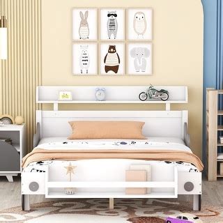 Wooden Full Size Kids Bed Car-Shaped Platform Bed with Storage Shelf ...