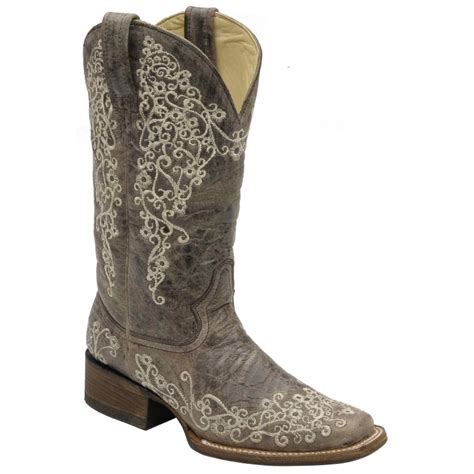 Pungo Ridge Corral Women S Square Toe Brown Crater Bone Embroidery