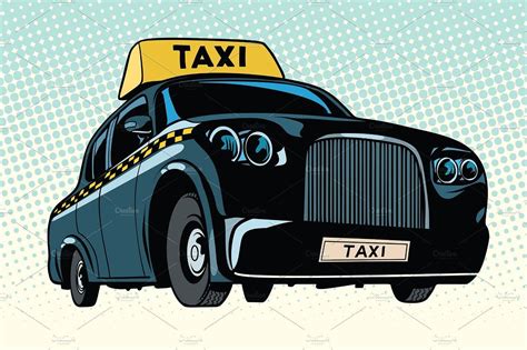 Black Taxi With A Yellow Sign Yellow Sign Retro Vector Illustration