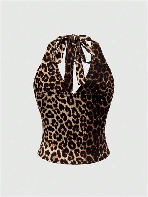 Romwe Grunge Punk Y2k Leopard Print Halter Neck Top For Women School