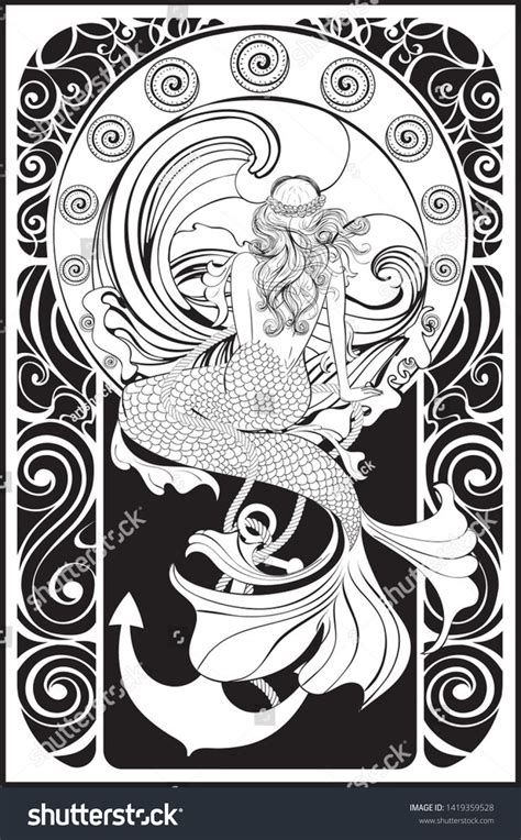 Fantasy mermaid sitting, vintage art nouveau design illustration. #Ad ...