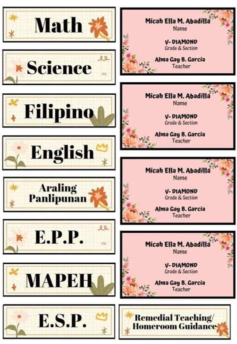 Floral Subject And Name Notebook Labels