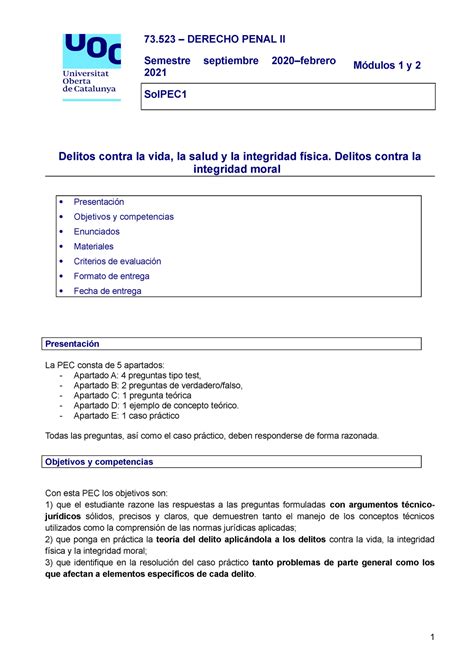 73523 Sol PEC 1 1 Solución PEC1 73 DERECHO PENAL II Semestre 2021