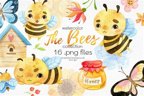 Watercolor Honeybee Clipart Cute Bees Digital Png Files Etsy