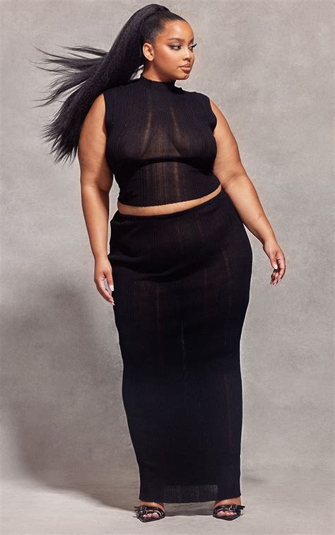 Plus Black Sheer Knit Crop Top Plus Size Prettylittlething Aus