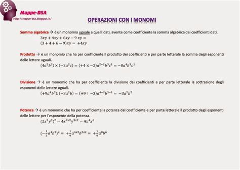 Mappe Dsa Operazioni Con I Monomi Algebra Matematica Scuola Media