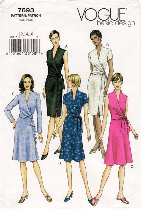 Sz 12 14 16 Vogue Dress Pattern 7693 Misses Raised Neck Mock Wrap