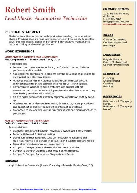 Master Automotive Technician Resume Samples | QwikResume