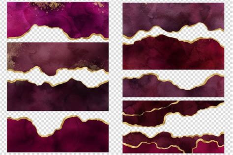 Burgundy Painted Agate Borders Digital Watercolor Geode Png Overlays