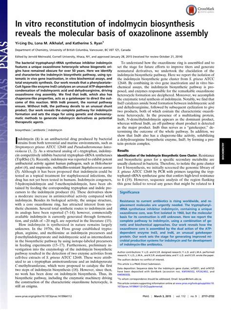 Pdf In Vitro Reconstitution Of Indolmycin Biosynthesis Reveals