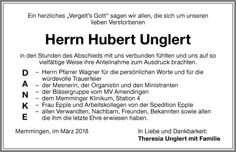 Traueranzeigen von Hubert Unglert Allgäuer Zeitung