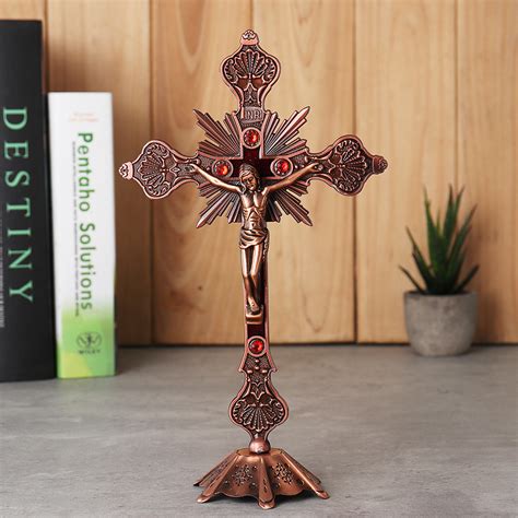 New Antique Red Copper Inri Catholic Altar Standing Religious Crucifix