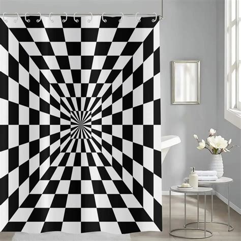 Black＆white Groovy Checkerboard Shower Curtain 70s Retro Abstract