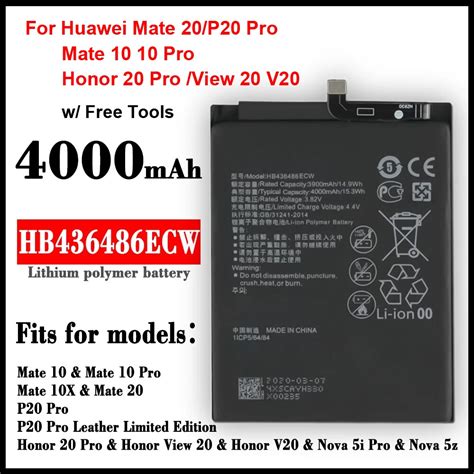 Bater A De Tel Fono HB436486ECW 100 MAh Para Huawei P20 Pro Mate 20 10