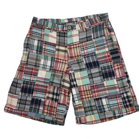 Mens Madras Shorts 34 X 10 Bermudas Cotton Patchwork Plaid Beachy Boho