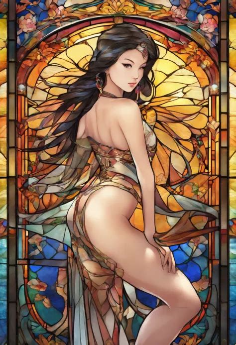 Asian Beautiful Girl Stained Glass NAKED Best Quality Masterpiece