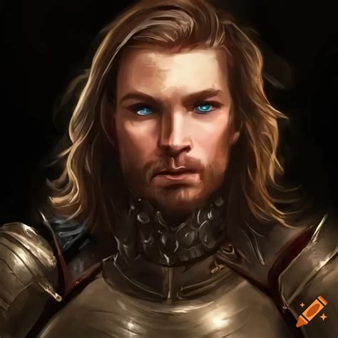 Image Of A Man In Light Armor With Blue Eyes And Long Brown Hair On Craiyon