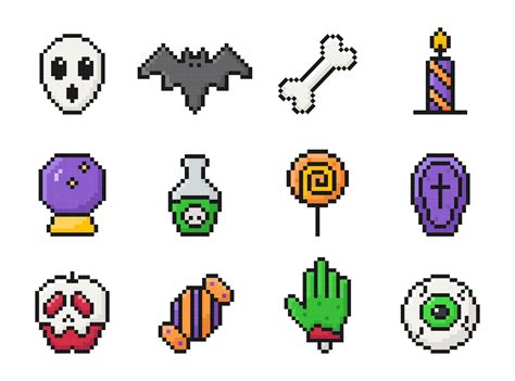 halloween pixel art set icons, vintage, 8 bit, 80s, 90s games, computer ...