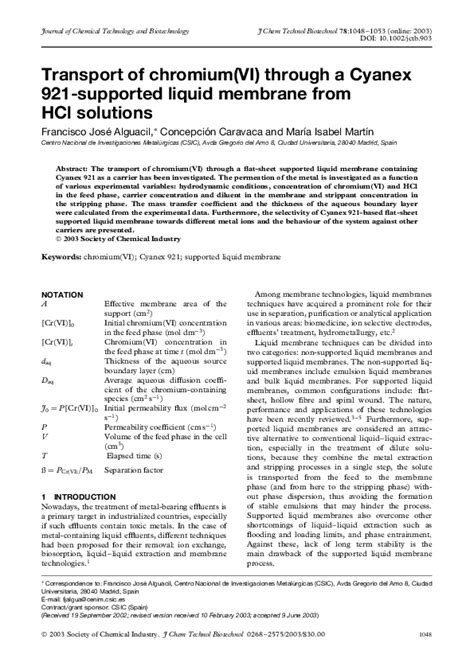 Pdf Transport Of Chromium Vi Through A Cyanex 921 Supported Liquid