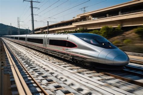 Premium Photo Bullet Train Speeding On Tracks With Mountains