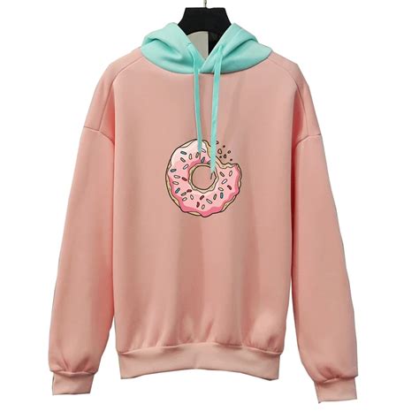 Hoodies Women Kawaii Cute Donut Print Loose Hooded Girls Streetwear