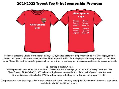 Tryout Tee Shirt Sponsorship Program Barcelona United