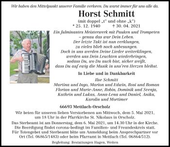 Traueranzeigen Von Horst Schmitt Saarbruecker Zeitung Trauer De