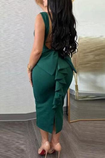 Wholesale Sexy Plus Size Slight Stretch Solid Color Deep V Neck Slit