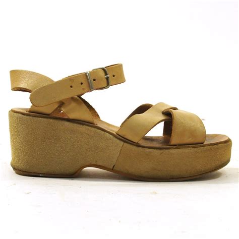 S Greek Platform Wedge Sandals Tan Leather Suede