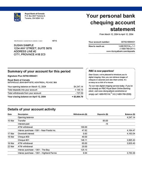 Royal Bank Of Canada Statement Template Doc File