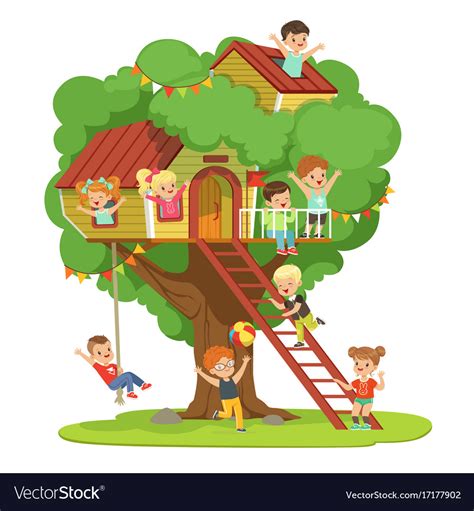 Kids Having Fun In Treehouse Children Royalty Free Vector