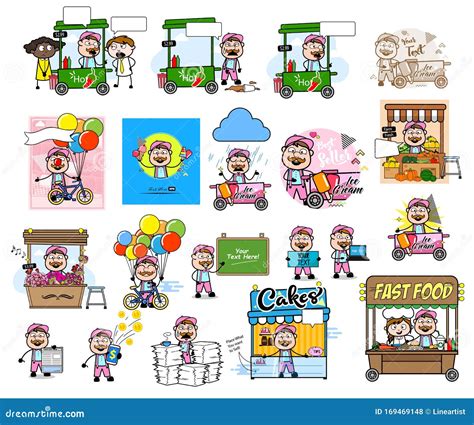 Various Cartoon Vendor With Many Concepts Set Of Comic Vector