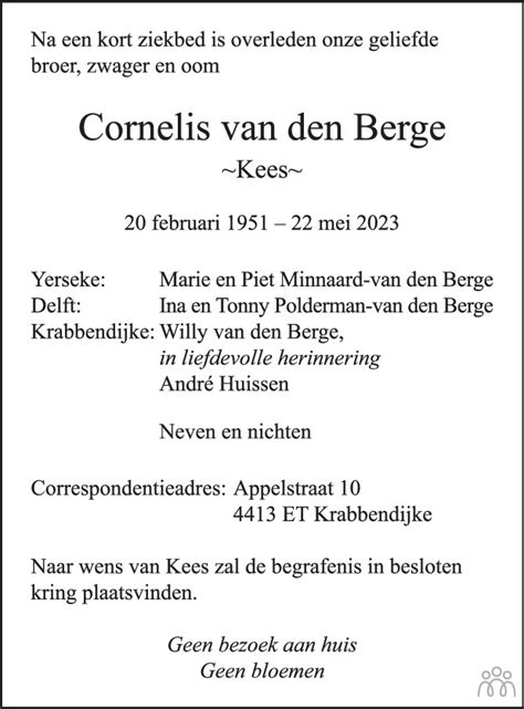 Kees Cornelis Van Den Berge 22 05 2023 Overlijdensbericht En