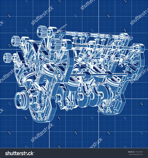 V8 Car Engine Cad Cartoon White Drawing On Blue Background Illustration