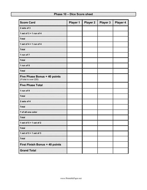 Phase 10 Dice Score Sheet Download Printable PDF | Templateroller