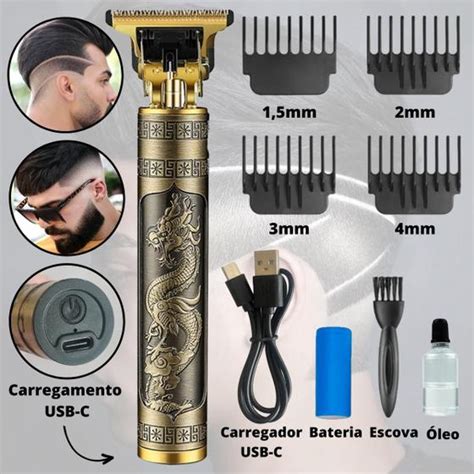 Máquina de Cortar Cabelo e Barba Recarregável Vintage T9 Dragão Dourada