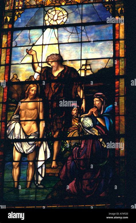 Stained Glass Window Of The Baptism Of Jesus By John The Baptist Palo Alto California Usa Stock