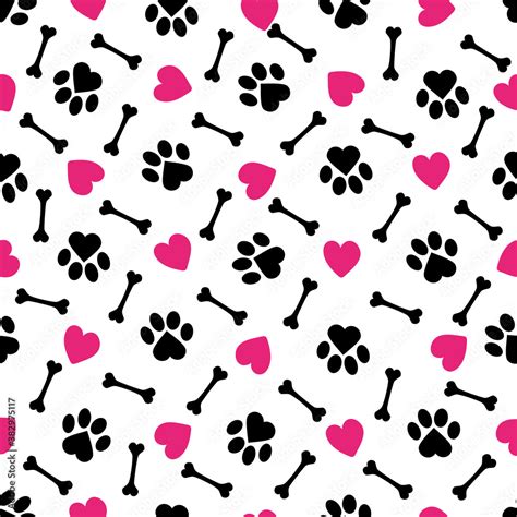 Cute dog paw, hearts and dog bone pattern - funny vector drawing ...