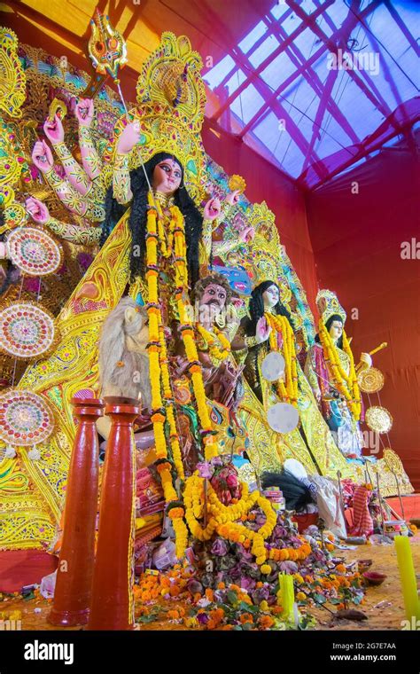 Beautiful Idol Of Goddess Durga Of Community Puja Pandal Hi Res Stock