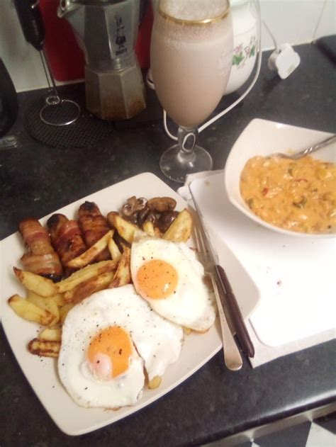 Quintessential Bri Ish Slap Up Meal Big Pigs In Blankets Chips Eggs