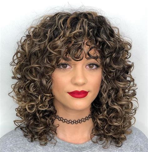 Mid Length Curly Hairstyle With Curly Bangs Curlybangs Medium Curly