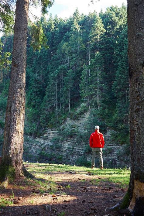 Tourist In Hiking Outfit Standing On The Edge Of Cliff Stock Photo ...