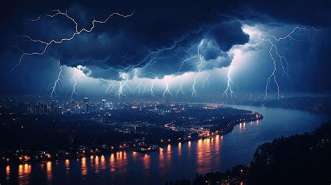 Premium Ai Image Lightning Storm Over City In Light At Night