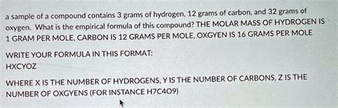 SOLVED: Texts: A sample of a compound contains 3 grams of hydrogen, 12 ...