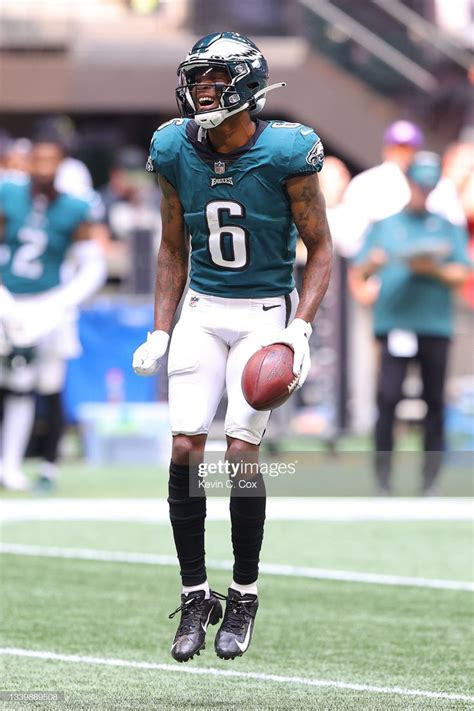 Devonta Smith Of The Philadelphia Eagles Reacts Against The Atlanta